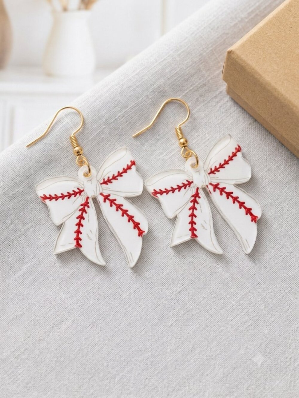Baseball Bow Dangle Earrings Acrylic Red Stitches Game Day Jewelry